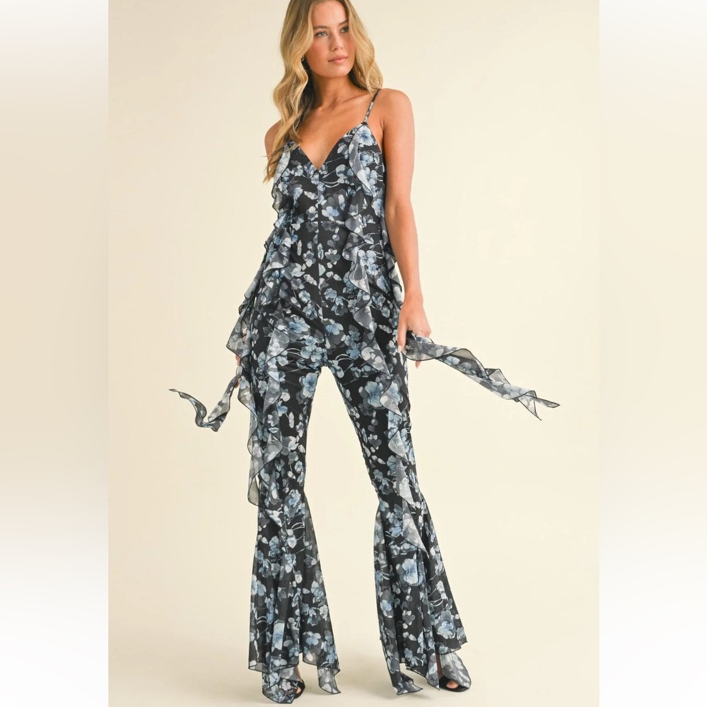 Floral Ruffle V-Neck Jumpsuit in Black & Blue